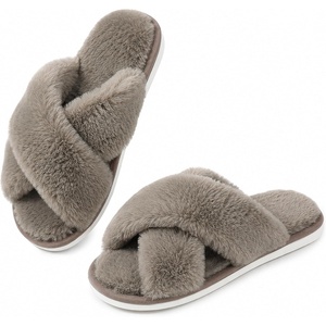 image:imageAnkis Womens Fuzzy Slippers Cross Band Memory Foam Open Toe Comfy Soft House Shoes AntiSlip Indoor Outdoor Gifts for WomenLight Coffee