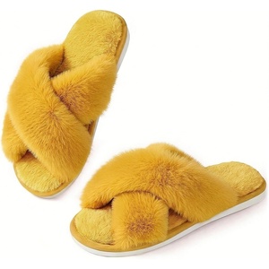 image:imageAnkis Womens Fuzzy Slippers Cross Band Memory Foam Open Toe Comfy Soft House Shoes AntiSlip Indoor Outdoor Gifts for WomenYellow