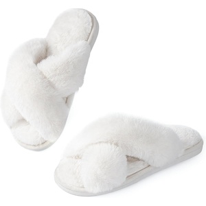 image:imageAnkis Memory Foam Fuzzy Slippers for WomenOpen Toe House Shoes  Faux Fur Cross BandIndoor Outdoor Slippers AntiSlip Comfy Cozy Fluffy Gifts for Women Mom Bride BridesmaidsPure White