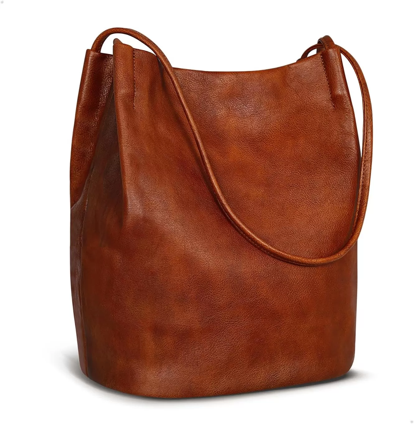 imageIswee Leather Shoulder Bags for Women Vintage Tote Bag Ladies Purses and Handbags Soft Everyday Bucket Purse for WorkBrown