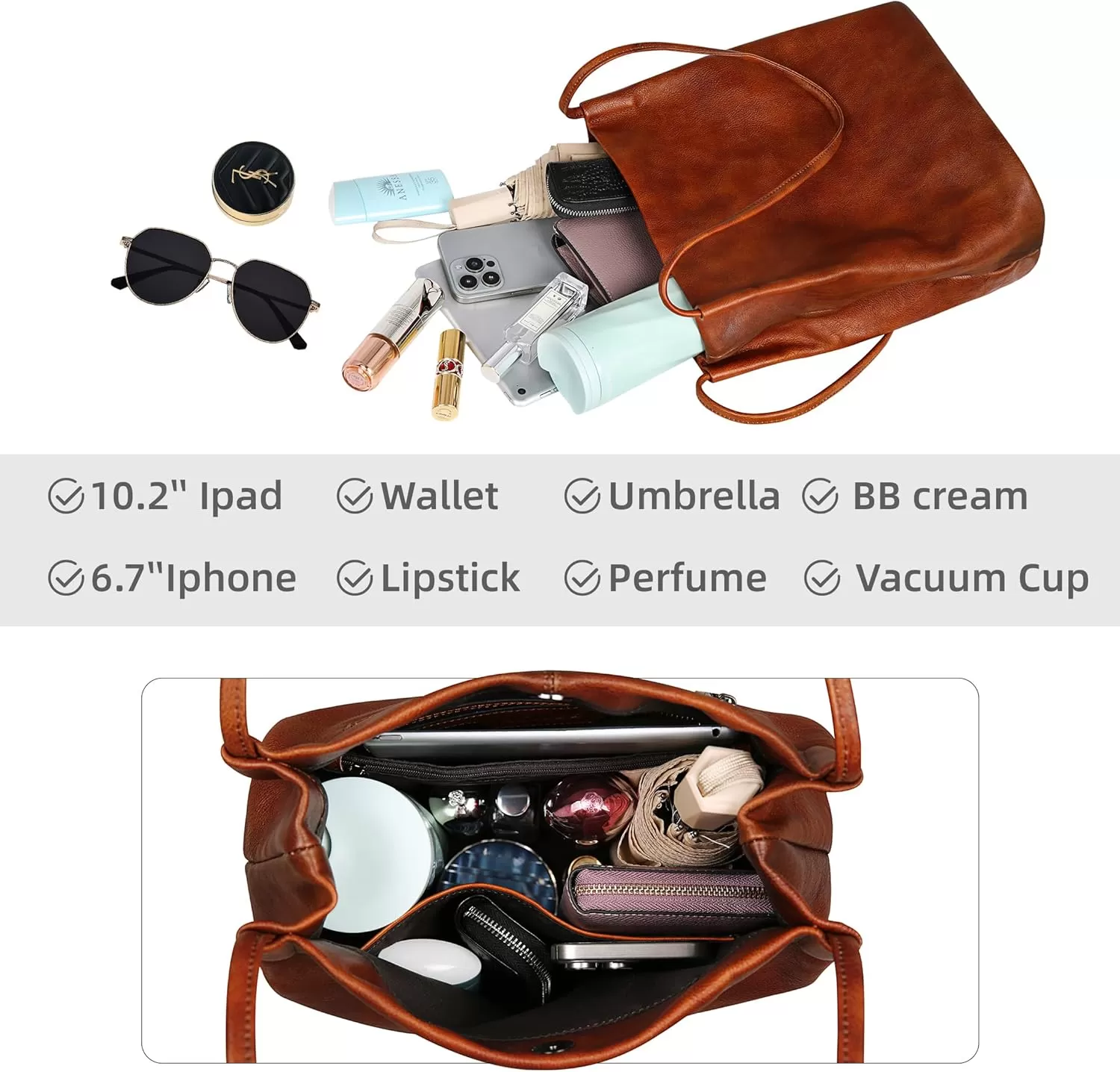 imageIswee Leather Shoulder Bags for Women Vintage Tote Bag Ladies Purses and Handbags Soft Everyday Bucket Purse for WorkBrown