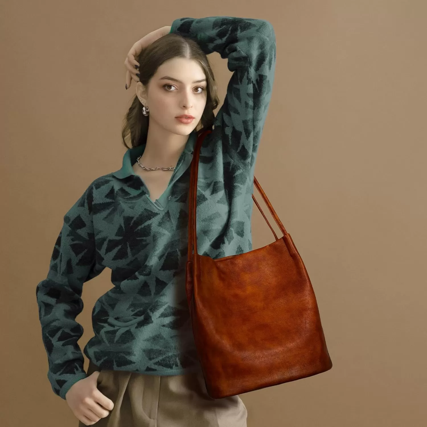 imageIswee Leather Shoulder Bags for Women Vintage Tote Bag Ladies Purses and Handbags Soft Everyday Bucket Purse for WorkCoffee