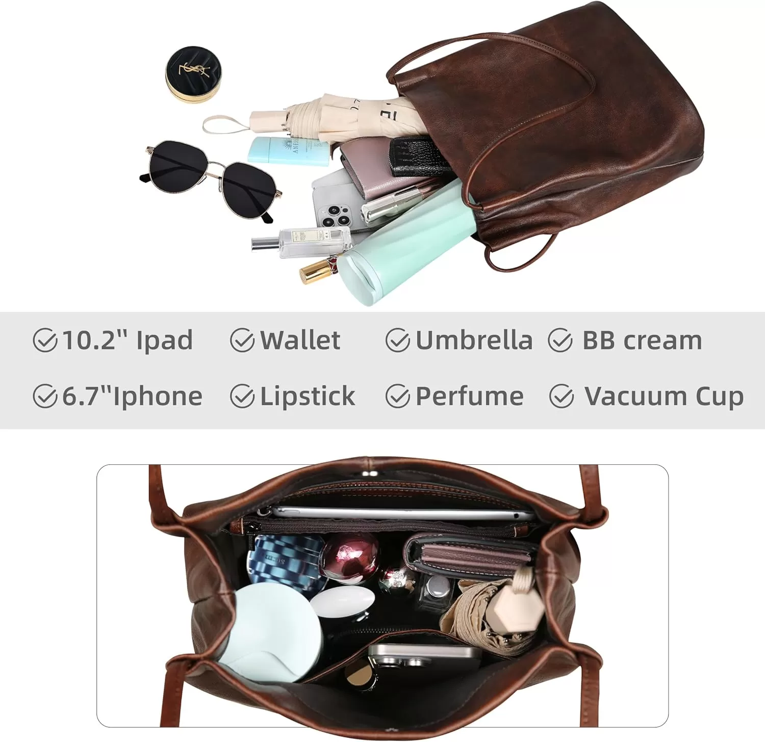 imageIswee Leather Shoulder Bags for Women Vintage Tote Bag Ladies Purses and Handbags Soft Everyday Bucket Purse for WorkCoffee