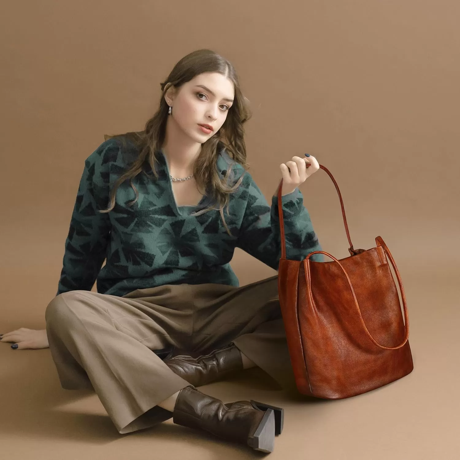 imageIswee Leather Shoulder Bags for Women Vintage Tote Bag Ladies Purses and Handbags Soft Everyday Bucket Purse for WorkCoffee