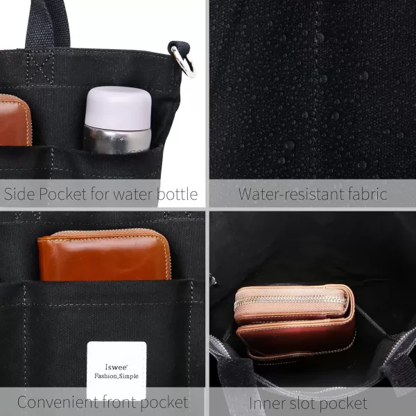 imageIswee Canvas Tote Bag with Zipper Multi Pockets Tote Purse for Women Fashion Crossbody Tote Shoulder Bag Handbag Everyday BagBlack