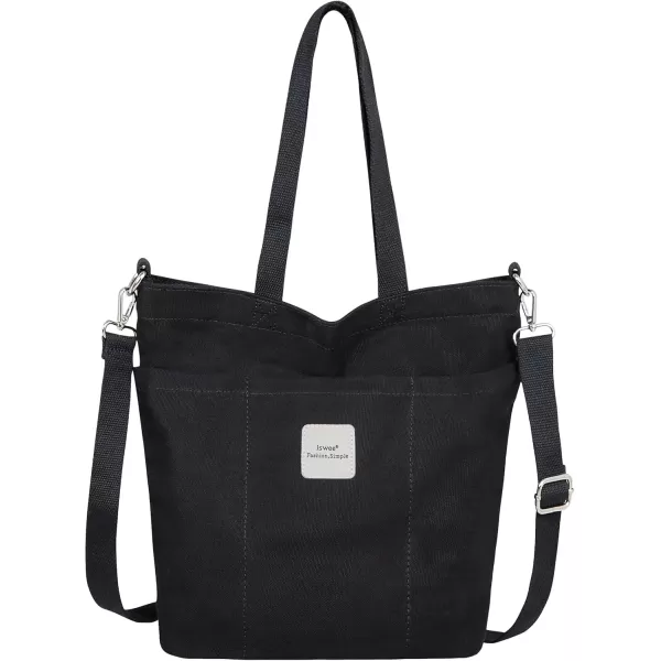 imageIswee Canvas Tote Bag with Zipper Multi Pockets Tote Purse for Women Fashion Crossbody Tote Shoulder Bag Handbag Everyday BagBlack