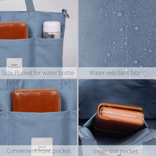 imageIswee Canvas Tote Bag with Zipper Multi Pockets Tote Purse for Women Fashion Crossbody Tote Shoulder Bag Handbag Everyday BagBlue