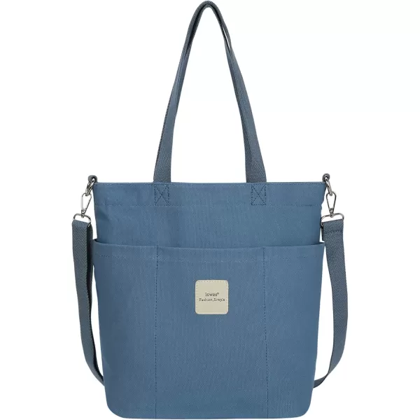 imageIswee Canvas Tote Bag with Zipper Multi Pockets Tote Purse for Women Fashion Crossbody Tote Shoulder Bag Handbag Everyday BagBlue