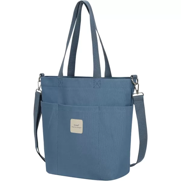 imageIswee Canvas Tote Bag with Zipper Multi Pockets Tote Purse for Women Fashion Crossbody Tote Shoulder Bag Handbag Everyday BagBlue