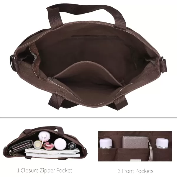 imageIswee Canvas Tote Bag with Zipper Multi Pockets Tote Purse for Women Fashion Crossbody Tote Shoulder Bag Handbag Everyday BagCoffee