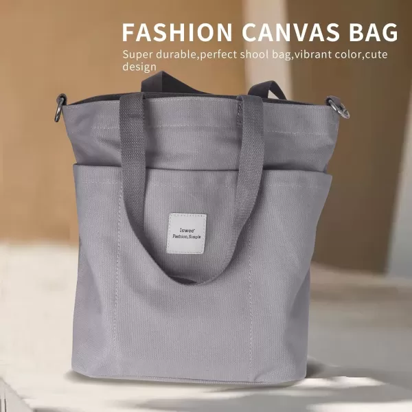 imageIswee Canvas Tote Bag with Zipper Multi Pockets Tote Purse for Women Fashion Crossbody Tote Shoulder Bag Handbag Everyday BagGray