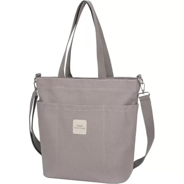 imageIswee Canvas Tote Bag with Zipper Multi Pockets Tote Purse for Women Fashion Crossbody Tote Shoulder Bag Handbag Everyday BagGray