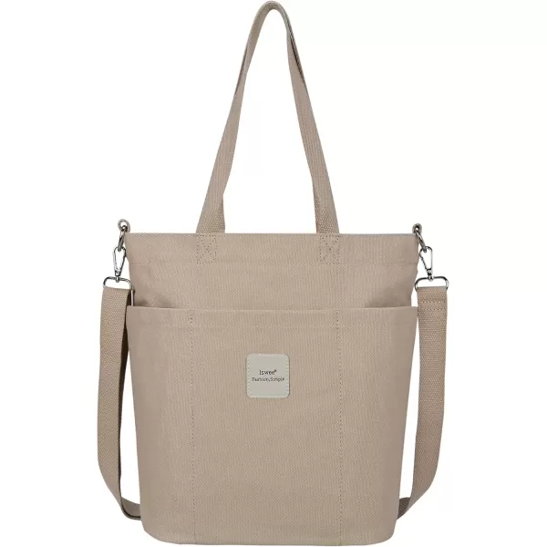 imageIswee Canvas Tote Bag with Zipper Multi Pockets Tote Purse for Women Fashion Crossbody Tote Shoulder Bag Handbag Everyday BagKhaki