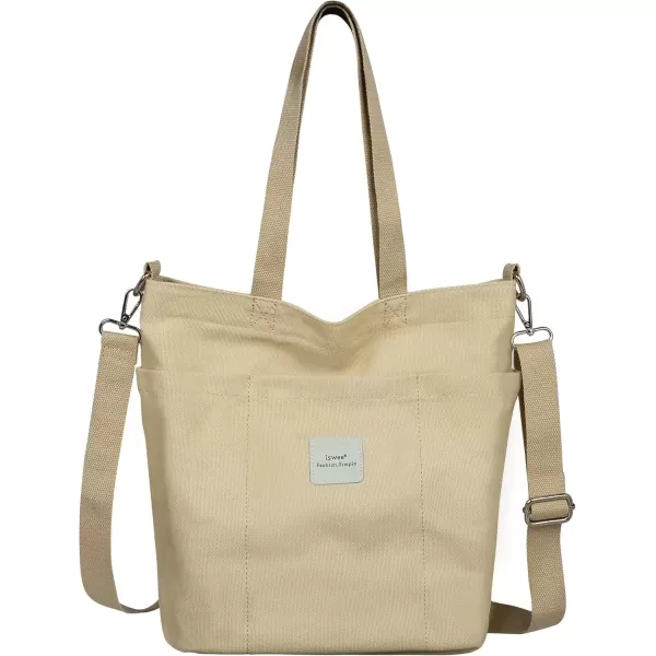 imageIswee Canvas Tote Bag with Zipper Multi Pockets Tote Purse for Women Fashion Crossbody Tote Shoulder Bag Handbag Everyday BagKhaki