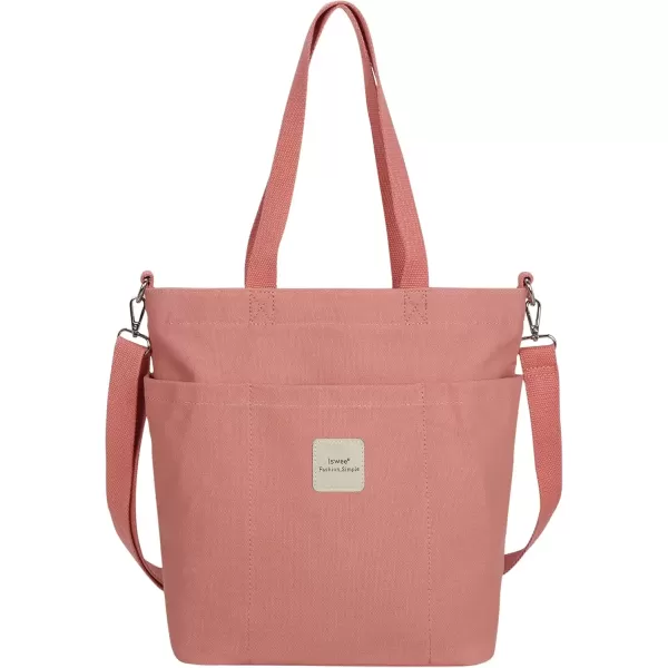 imageIswee Canvas Tote Bag with Zipper Multi Pockets Tote Purse for Women Fashion Crossbody Tote Shoulder Bag Handbag Everyday BagPink