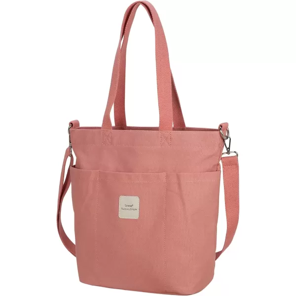 imageIswee Canvas Tote Bag with Zipper Multi Pockets Tote Purse for Women Fashion Crossbody Tote Shoulder Bag Handbag Everyday BagPink