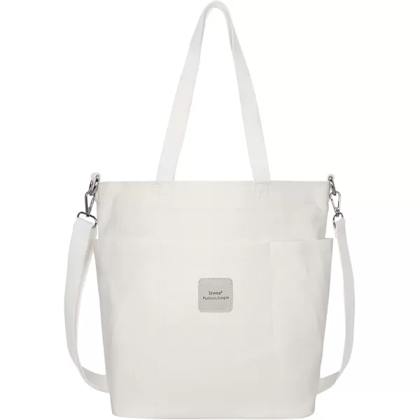 imageIswee Canvas Tote Bag with Zipper Multi Pockets Tote Purse for Women Fashion Crossbody Tote Shoulder Bag Handbag Everyday BagWhite