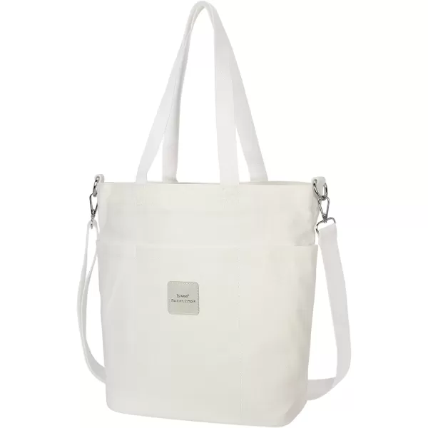 imageIswee Canvas Tote Bag with Zipper Multi Pockets Tote Purse for Women Fashion Crossbody Tote Shoulder Bag Handbag Everyday BagWhite