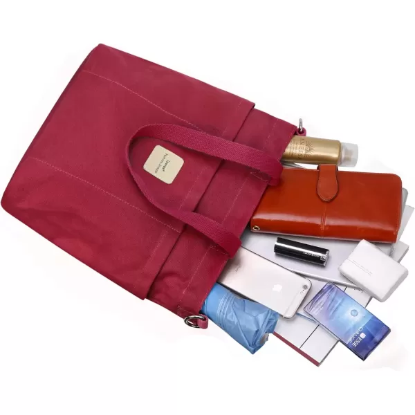 imageIswee Canvas Tote Bag with Zipper Multi Pockets Tote Purse for Women Fashion Crossbody Tote Shoulder Bag Handbag Everyday BagWine