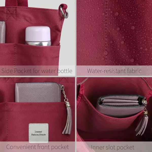 imageIswee Canvas Tote Bag with Zipper Multi Pockets Tote Purse for Women Fashion Crossbody Tote Shoulder Bag Handbag Everyday BagWine
