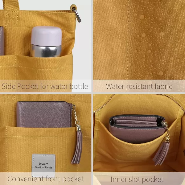 imageIswee Canvas Tote Bag with Zipper Multi Pockets Tote Purse for Women Fashion Crossbody Tote Shoulder Bag Handbag Everyday BagYellow