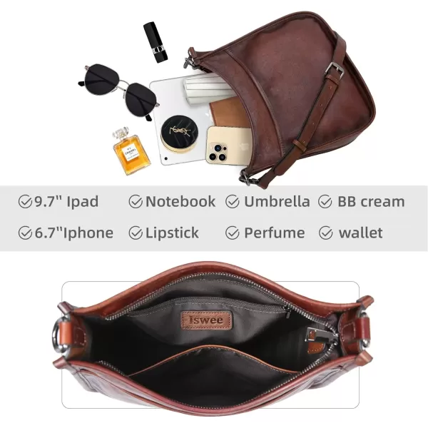 imageIswee Crossbody Bags for Women Genuine Leather Purses Vintage Shoulder Handbags Travel Cross Body Bag with Boho StrapCoffee