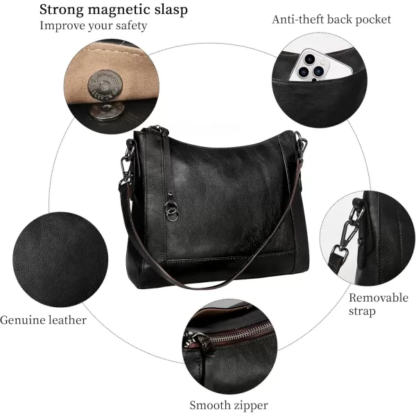 imageIswee Genuine Leather Crossbody Bags for Women Satchel Purse Hobo Handbag Ladies Vintage Shoulder Bag WorkBlack