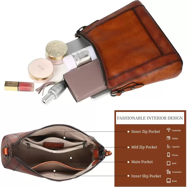 imageIswee Genuine Leather Crossbody Bags for Women Satchel Purse Hobo Handbag Ladies Vintage Shoulder Bag WorkBrown