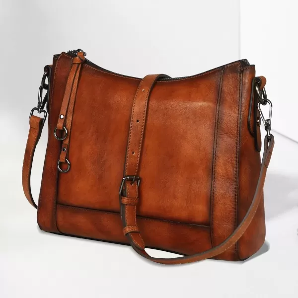 imageIswee Genuine Leather Crossbody Bags for Women Satchel Purse Hobo Handbag Ladies Vintage Shoulder Bag WorkBrown
