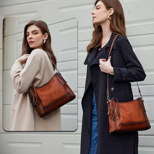 imageIswee Genuine Leather Crossbody Bags for Women Satchel Purse Hobo Handbag Ladies Vintage Shoulder Bag WorkBrown