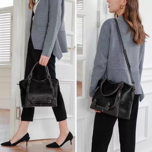 imageIswee Leather Shoulder Bags for Women Satchel Bags Vintage Designer Crossbody Purses Tote Bags with Zipper TopHandleBlack