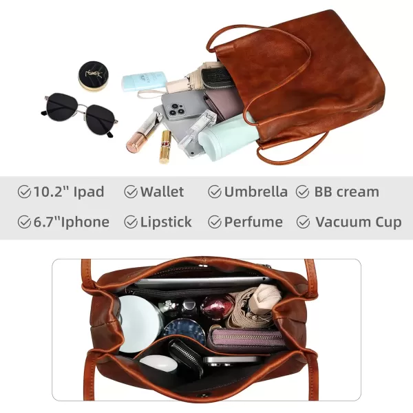 imageIswee Leather Shoulder Bags for Women Vintage Tote Bag Ladies Purses and Handbags Soft Everyday Bucket Purse for WorkBrown