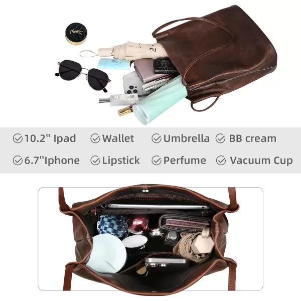 imageIswee Leather Shoulder Bags for Women Vintage Tote Bag Ladies Purses and Handbags Soft Everyday Bucket Purse for WorkCoffee