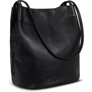 imageIswee Genuine Leather Tote Bucket Bags Hobo Shoulder Bags Purse and Handbags for Women TrendyBlacklichee