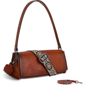 imageIswee Leather Purses for Women Crossbody Bag Vintage Flap Saddle Purse Zipper Womens Shoulder Handbags with 3 StrapsBrown