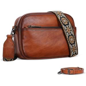 imageIswee Leather Crossbody Bags for Women Vintage Shoulder Bag Small Satchel Purse Zippered Purse with Adjustable StrapBrown