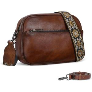 imageIswee Leather Crossbody Bags for Women Vintage Shoulder Bag Small Satchel Purse Zippered Purse with Adjustable StrapCoffee