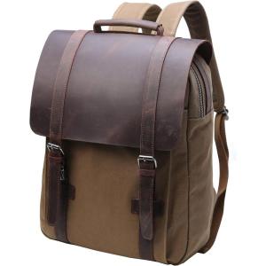 imageIswee Canvas Leather Hiking Travel Backpack Rucksack School Bag 156 inch Laptops Backpack College School Computer Bag for Women and Men Dark Brown