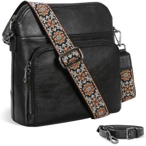 imageIswee Leather Crossbody Bags for Women Multi Pockets Medium Shoulder Bag Lightweight Functional Travel PurseBlack