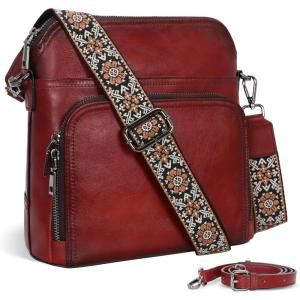 imageIswee Leather Crossbody Bags for Women Multi Pockets Medium Shoulder Bag Lightweight Functional Travel PurseWine