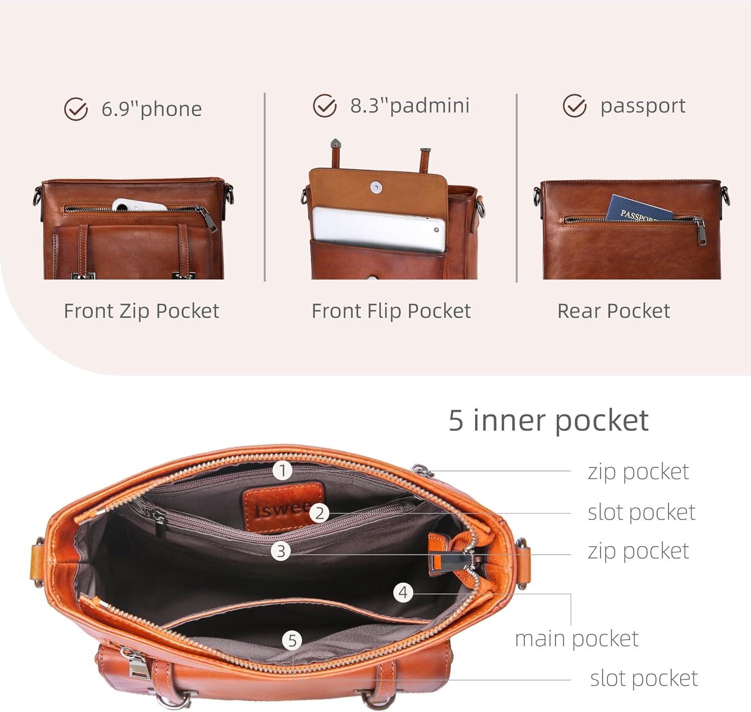 imageIswee Soft Leather Crossbody Bags for Women Shoulder Handbags Multi Pocket Travel Purse with Adjustable Strap Medium SizeBrown