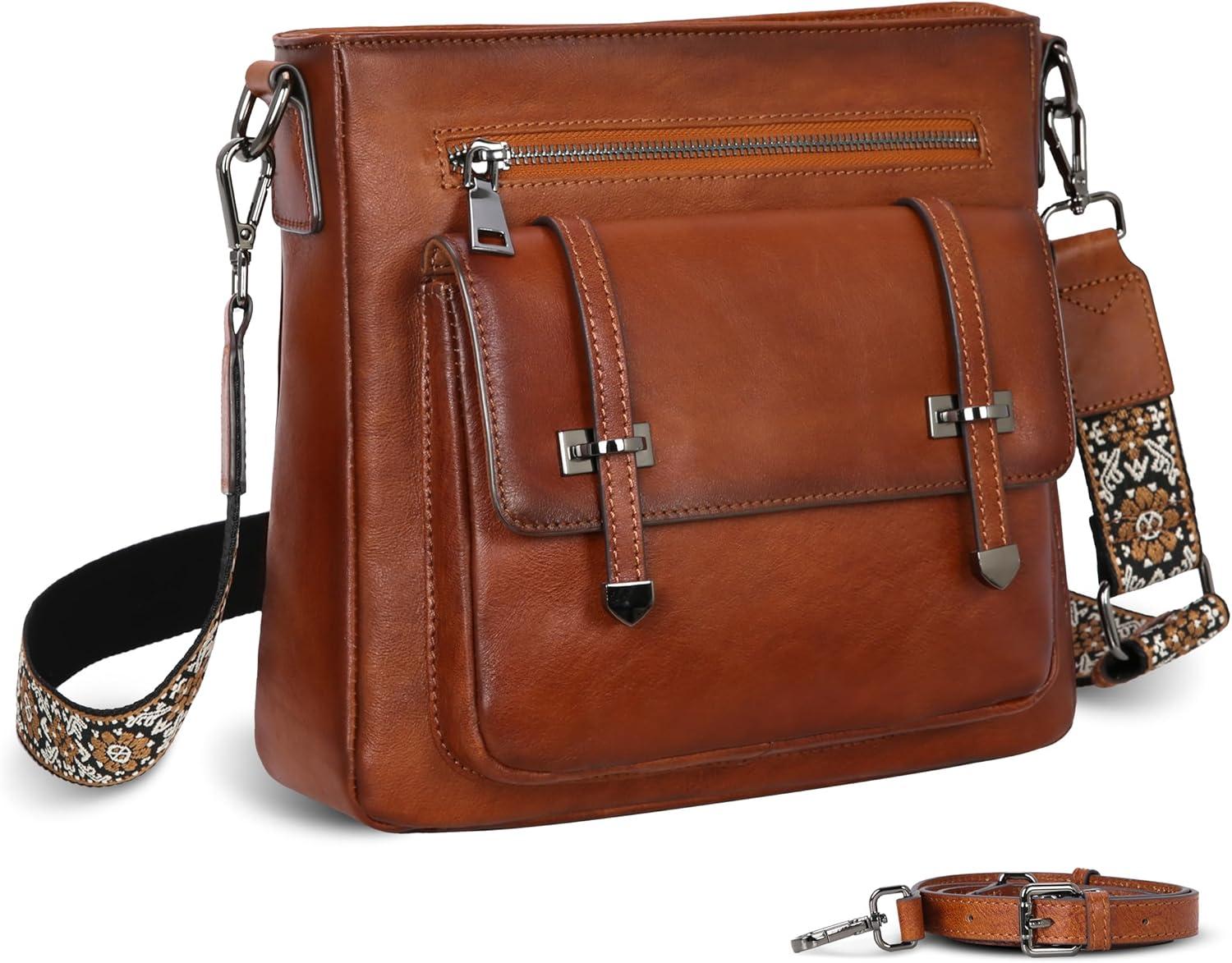 imageIswee Soft Leather Crossbody Bags for Women Shoulder Handbags Multi Pocket Travel Purse with Adjustable Strap Medium SizeBrown