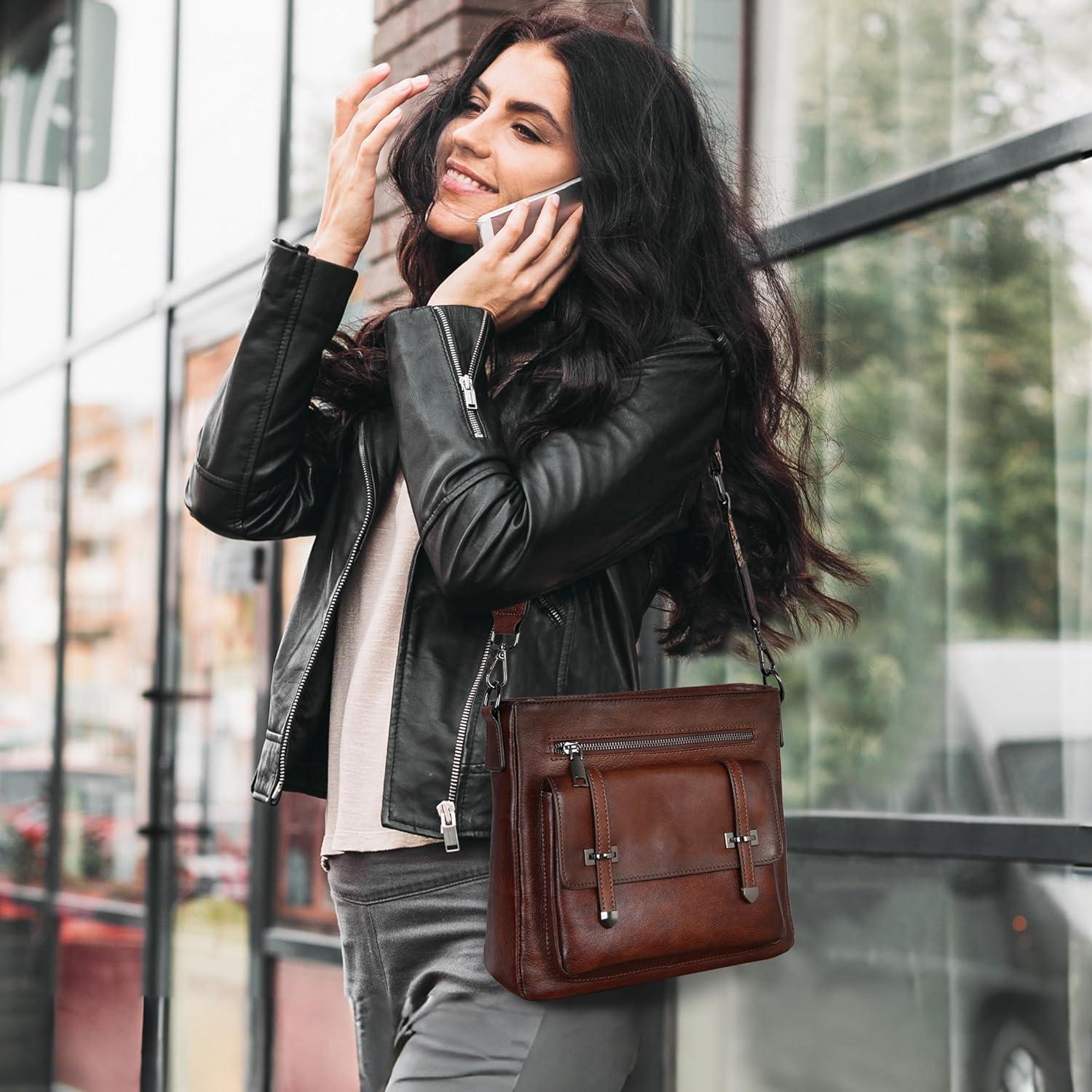 imageIswee Soft Leather Crossbody Bags for Women Shoulder Handbags Multi Pocket Travel Purse with Adjustable Strap Medium SizeBrown
