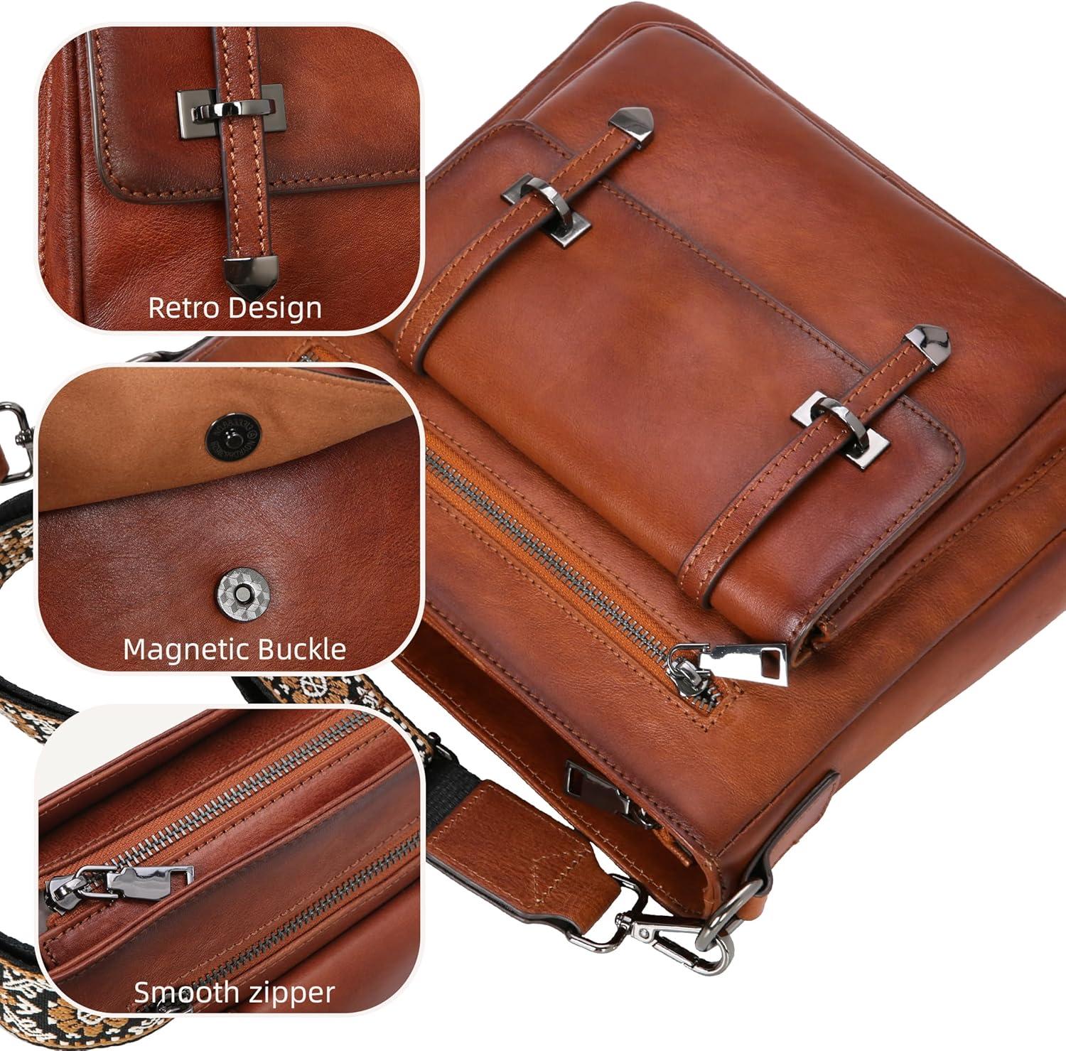 imageIswee Soft Leather Crossbody Bags for Women Shoulder Handbags Multi Pocket Travel Purse with Adjustable Strap Medium SizeBrown