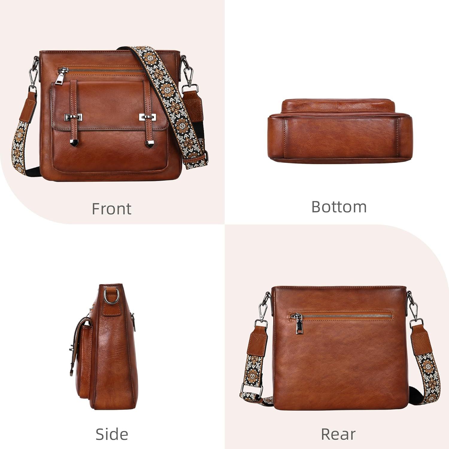 imageIswee Soft Leather Crossbody Bags for Women Shoulder Handbags Multi Pocket Travel Purse with Adjustable Strap Medium SizeBrown