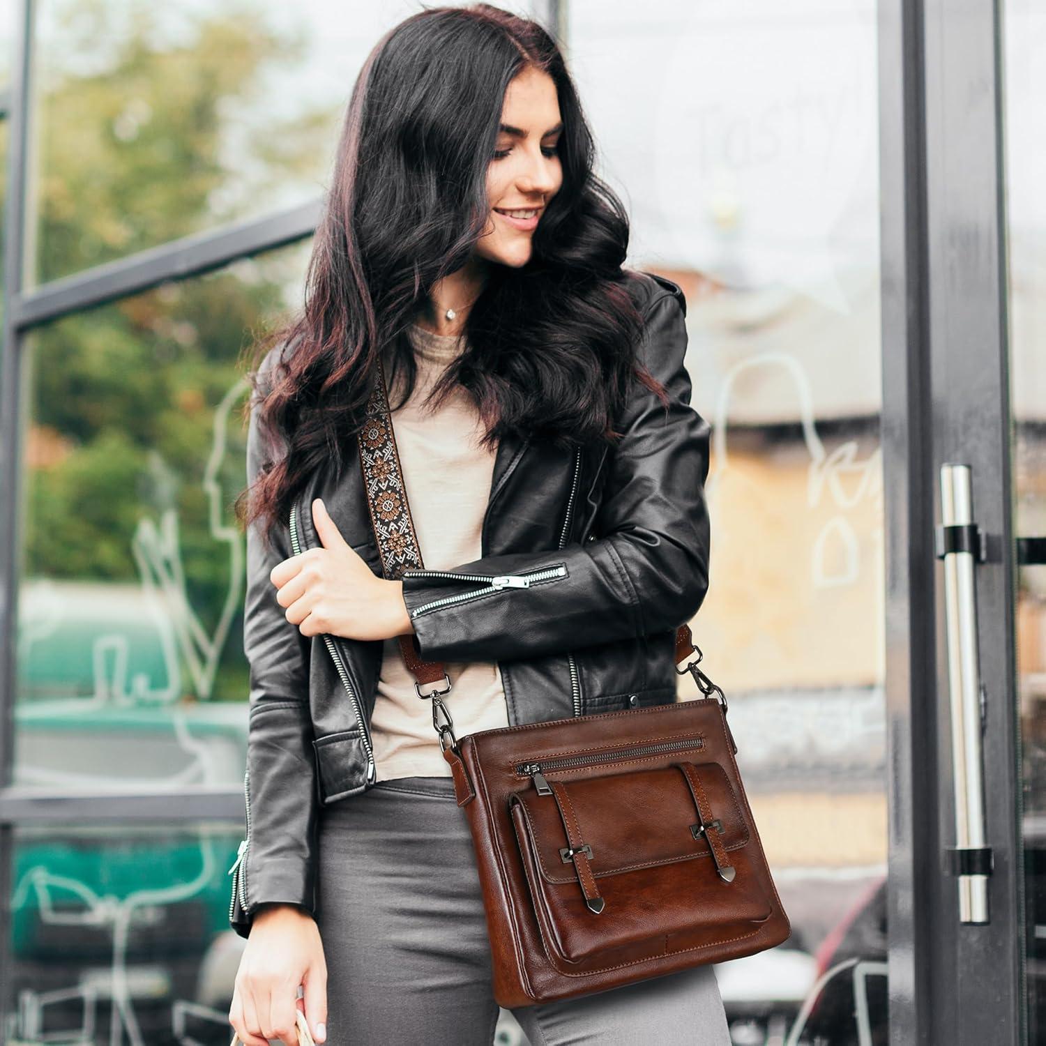 imageIswee Soft Leather Crossbody Bags for Women Shoulder Handbags Multi Pocket Travel Purse with Adjustable Strap Medium SizeCoffee