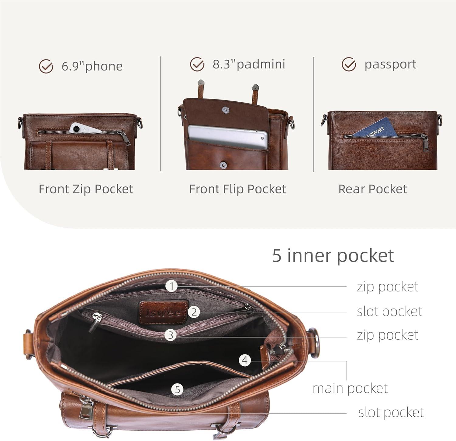 imageIswee Soft Leather Crossbody Bags for Women Shoulder Handbags Multi Pocket Travel Purse with Adjustable Strap Medium SizeCoffee