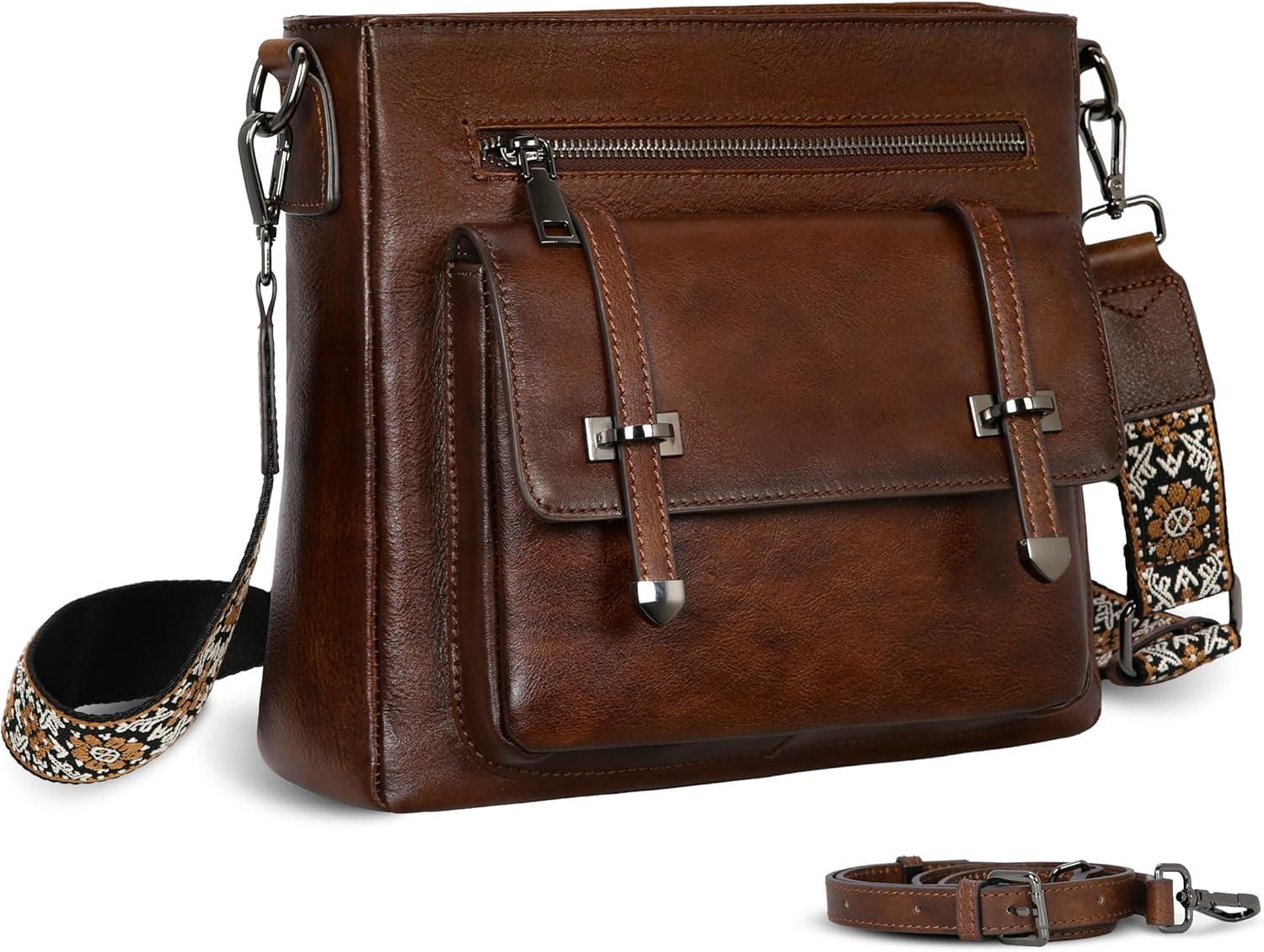 imageIswee Soft Leather Crossbody Bags for Women Shoulder Handbags Multi Pocket Travel Purse with Adjustable Strap Medium SizeCoffee