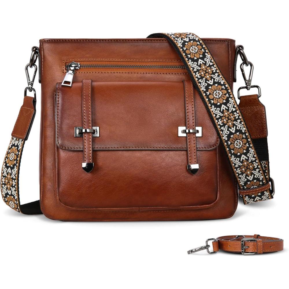 imageIswee Soft Leather Crossbody Bags for Women Shoulder Handbags Multi Pocket Travel Purse with Adjustable Strap Medium SizeBrown