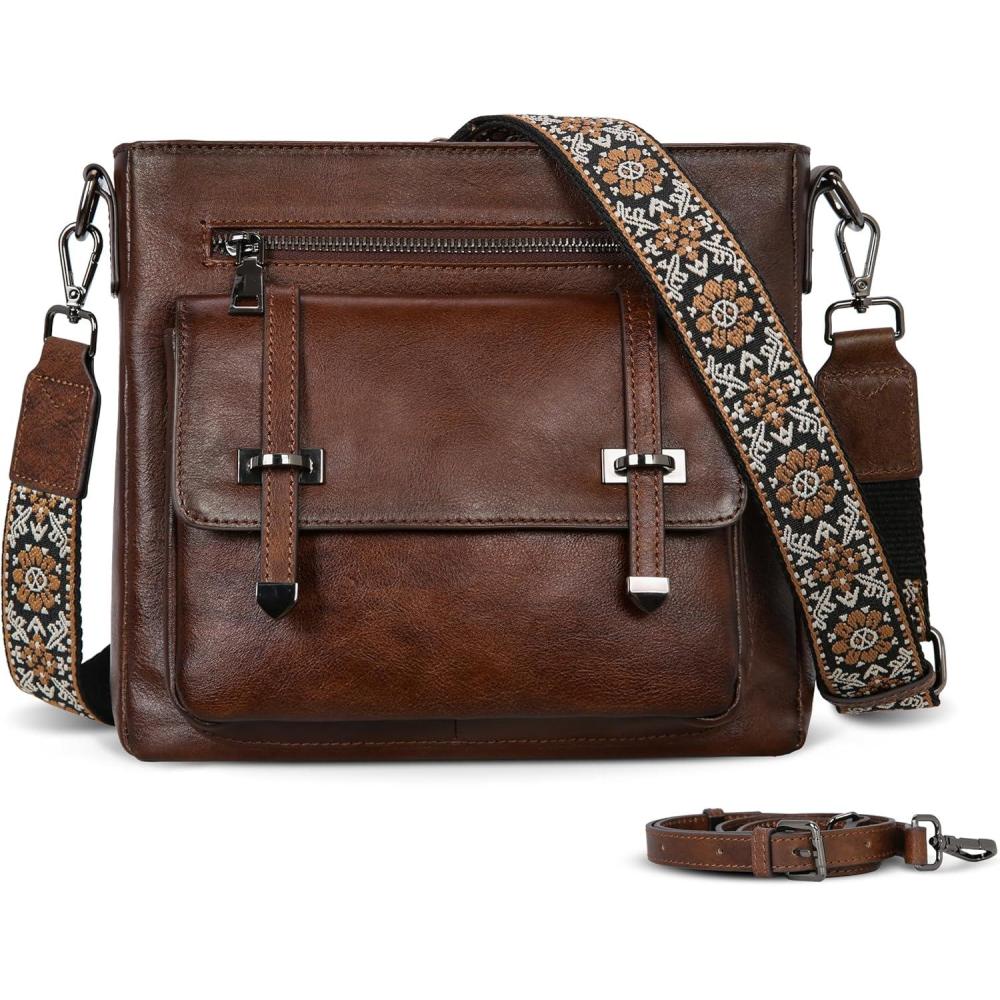 imageIswee Soft Leather Crossbody Bags for Women Shoulder Handbags Multi Pocket Travel Purse with Adjustable Strap Medium SizeCoffee